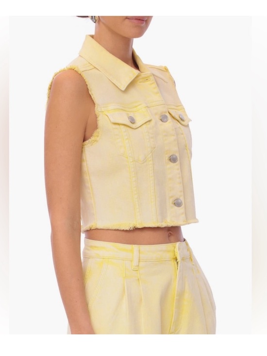 Avec Les Filles Jackets & Blazers - Avec Les Filles Size L Butter Yellow Cropped Denim Vest Frayed Coastal Summer